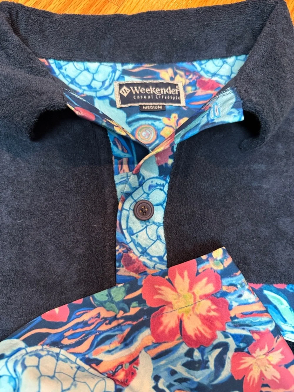 Weekenders Blue Floral Turtle Swim Trunks & terry cloth polo